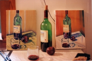 2 bottle paintings and the original, oil 8x10