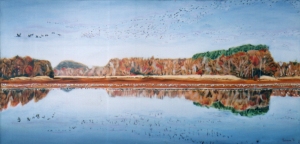 sandhill cranes on the tennesse river, oil, 24x48\" width=
